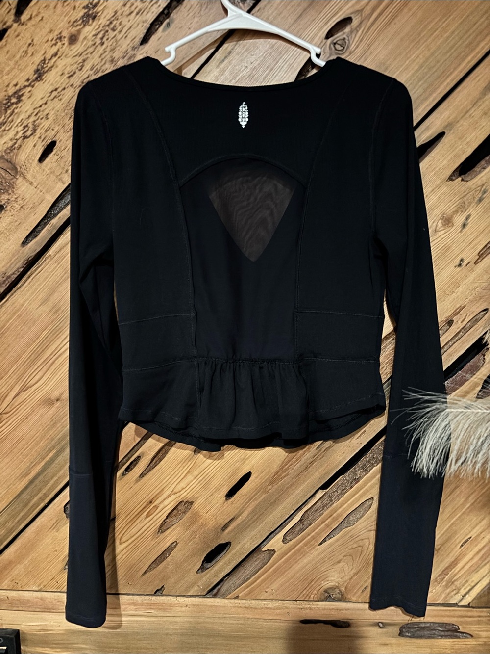 FP Movement by Free People Black Long-Sleeve Peplum Top with Mesh Back Cutout